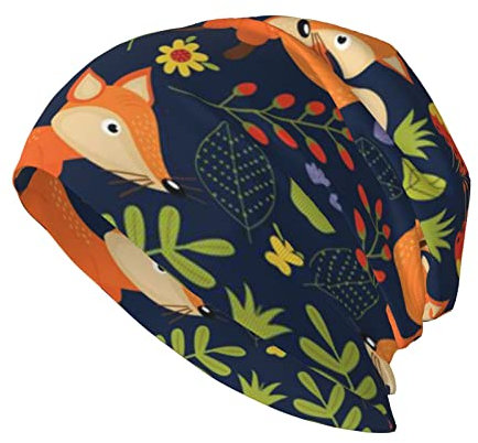 Niedliche Strickmütze mit Fuchsmotiv und Blumendruck – weich und gemütlich, doppellagiges Design – Unisex, Schwarz , Einheitsgröße