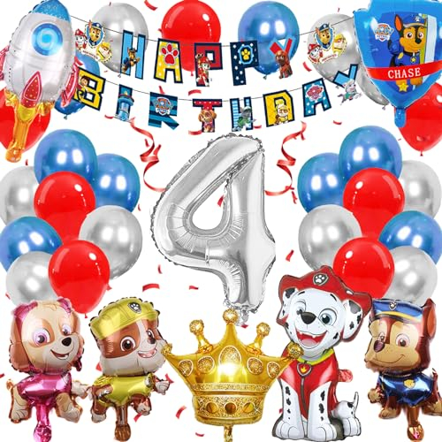 YOUYIKE Dog Ballon 4 Geburtstag Deko, Paw Patrol Geburtstag Deko, 4 Jahre Folienballon Geburtstag, Paw Patrol Luftballon Set mit Alles Gute Banner, Geburtstag Deko für Jungen Mädchen(4)