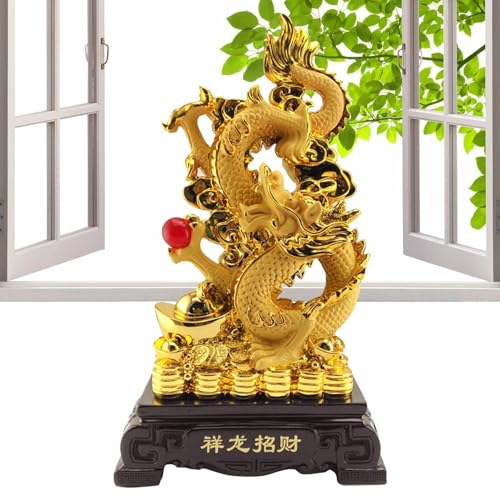 Moxeupon Feng Shui Statue dorée 2024, dragon chinois du Nouvel An | Dragon chinois sur pièces de monnaie anciennes, figurine, ornement, attire la richesse et la chance, décoration de la maison