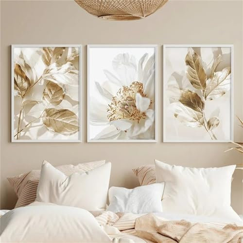 CULASIGN Poster 3er Set, Moderne Gold Blumen Blätter Wandbilder Kunst Bilder Set, Ohne Rahmen, Leinwand Poster Kunstposter Wanddeko Wohnzimmer Schlafzimmer (21 x 30 cm,A)
