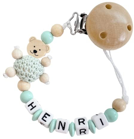 personalisierte Kette mit Namen für für Mädchen Jungs Baby Geschenk personalisiert zur Geburt & Taufe Teddy Bär große Farbauswahl (Mint)