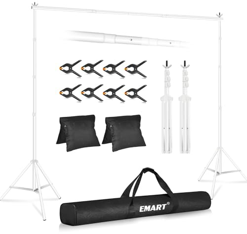 EMART Backdrop Stand 3mx3m(HxW),Background Support for Photography,White | Adjustable Height and Width Back Drop Stand,8 Spring Clamps,2 Empty Sandbags & Carrying Bag，for Parties Photo Decoration