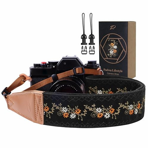 Padwa Lifestyle Camera Strap - 2 Full Grain Leather Ends Camera Straps for Photographers, Vintage Embroidered Cotton Weave Soft Suede Fabric Padded Strap Quick Release fits All Cameras