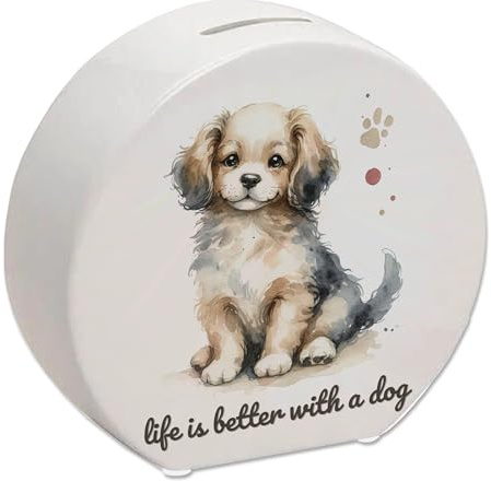 niedlicher Hund Spardose mit Spruch Life is Better with a Dog Klein Süß Niedlich Sitzen Haustier Figur
