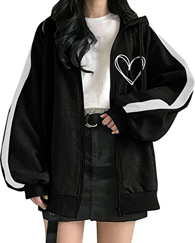 Damen Y2K Zip Up Hoodies Harajuku Sweatshirt Vintage Kapuzenjacke Kordelzug Sweatjacke 90er E-Girl Oversized Jacke