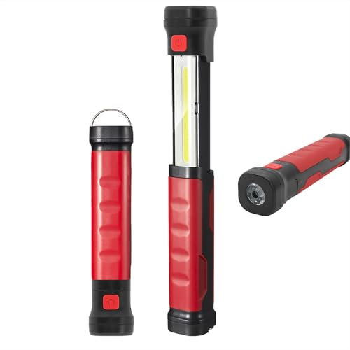 AuRiver Lampe de travail LED, 2 en1 Lumière Extractible Avec Magnétique, Lampe D'inspection COB Avec 2000 mAh, Lampe de Poche pour Garage Atelier Camping Bricolage (Rouge)
