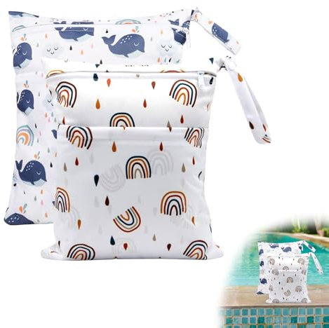 Wetbag Kindergarten - 2 Stück wasserdichte Nasstasche Wickeltasche, Große Wetbag Wiederverwendbare Stoffwindel Tasche, Cartoon-Druck Wet Dry Bag mit Reißverschluss für Baby, Reisen und Unterwegs