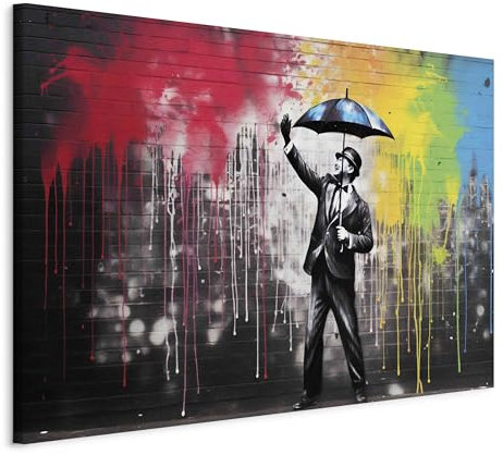 murando - Wandbilder XXL Banksy art 120x80 cm 1 tlg - Wand Deko Leinwand Bilder Groß Wanddeko Wohnzimmer Schlafzimmer Kunstdrucke - Bunte Graffiti Mann mit Regenschirm Rot Weiß Blau Grün h-H-10034-b-a