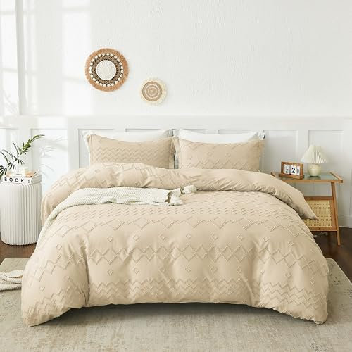 EMME Bettwätsche-Set 220x240 cm Boho mit 2 Kissenbezug 80x80cm, Beige Getuftete Mikrofaser Bettwäsche mit Boho-Stickerei, Ganzjahres-Bettbezug, Atmungsaktiv & Pflegeleich