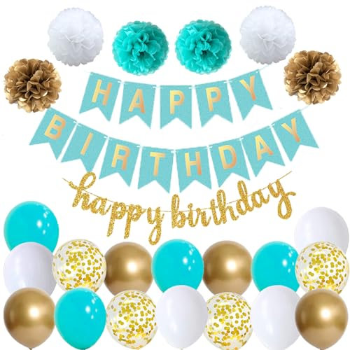 Happy Birthday Tuerkis Weiß Geburtstag Party Deko Set Geburtstag Girlande Luftballons Tuerkis Weiß Ballons 6 Pompoms Geburtstagsdeko Mädchen