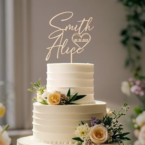 Party to Be Hochzeit Cake Topper Personalisiert Braut und Bräutigam Tortenstecker Custom Herz mit Namen und Daten Dekoration aus Holz (Design 01)