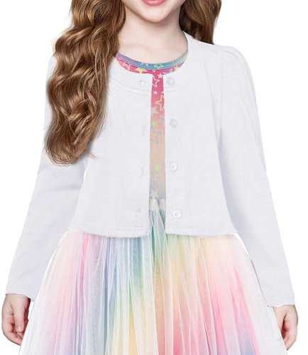 Arshiner Bolero Girls White Puff Sleeve Cardigan Round Neck Button Cardigan Festive Wedding Communion Jacket 140/9-10 Years