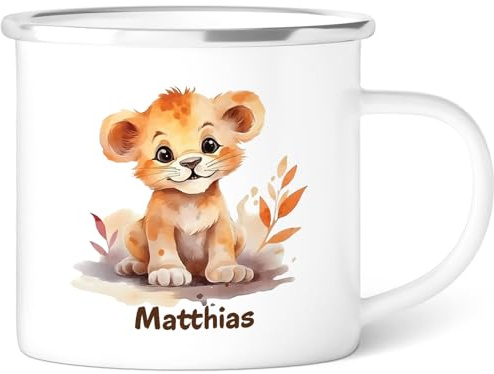 GRAVURZEILE Emaille Tasse für Kinder - Tiere Löwe - Personalisiert mit Namen - versch. Tiermotive zur Auswahl - 300 ml - Trinkbecher für Kinder - Geschenk für Jungen & Mädchen