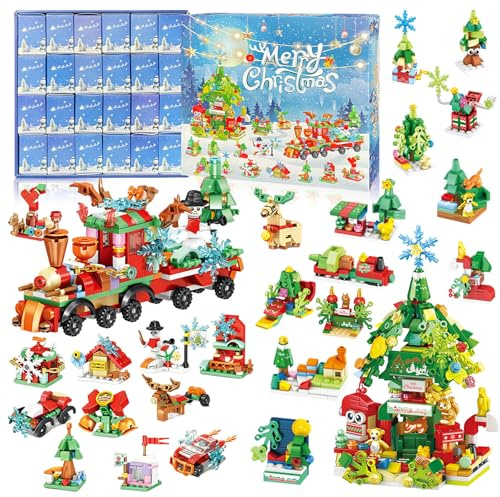 TZEKING Adventskalender Zug Bauklötze Set,Weihnachten Advent Countdown Kalender,24-Tage Adventskalender Spielzeug,12-in-1 Weihnachtsbausätze Bausteine Blocks Countdown