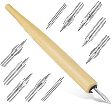 Rixotix Federhalter und Halter Set mit 1 Federhalter 10 Federn Comic Stiftspitzen Set Kalligraphie Tauchstift Zeichenfeder Schönschreibfüller Schreibfeder Stifthalter Kalligrafie für Künstler