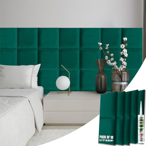 NOVECRAFTO Velvet Padded Wall Panels Set of 10 - Green Upholstered Anti-Collision Panels with Adhesive - H11.8 x W11.8 (30x30cm) Cushioned Paneling for Beds, Kids Room, Hallways & Feature Walls