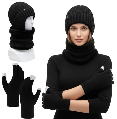 PDirat 3 In 1 Schal Skifahren Set, Schal Skifahren Damen, Warme Mütze Schal Handschuh Set Damen, Ideal für Outdoor-Aktivitäten, Skifahrens und Alltag