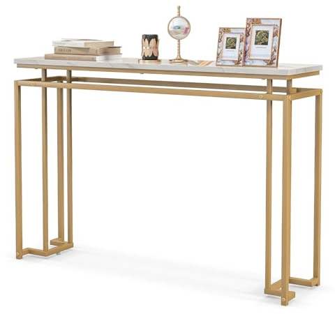 FANTASK Schmal Konsolentisch, 120 x 30 x 80,5 cm, Beistelltisch Marmor mit Metallrahmen, Flurtisch, Eingangstisch für Eingangsbereich, Wohnzimmer, Flur (Gold)