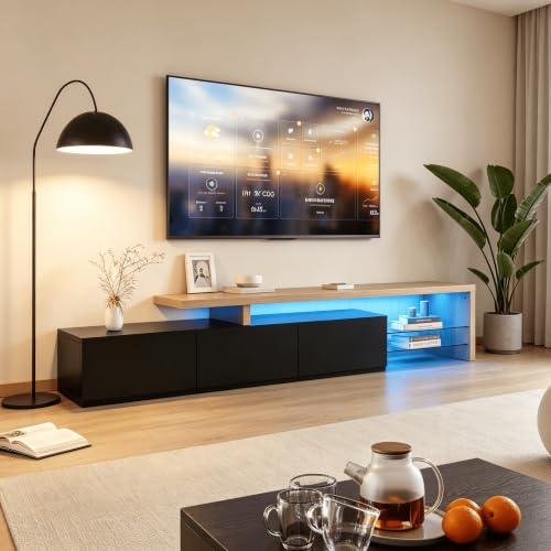 Mueble de TV moderno LED con soporte para televisor de 75 pulgadas, diseño elegante y funcional, 3 cajones de almacenamiento, marco resistente, compatible con TV de 165 cm, perfecto para salón