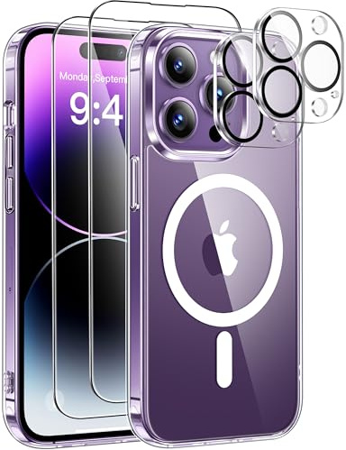 ivencase Magnetic for iPhone 14 Pro Case with 2 Pack Screen Protector and 2 Pack Camera Lens Protector, Compatible with MagSafe, Shockproof Protective Clear Back Phone Case for 14 Pro 6.1 -Clear