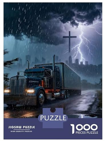 Lastwagen 1000 Stück Umweltfreundliches Papier Semi Truck auf Einer nassen Straße im Sturm Puzzle Liebhaber Wochenendunterhaltung Zu Hause Stundenlange Unterhaltung Einfach Handhabung 70x50cm/1000pcs
