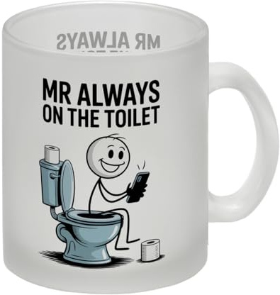 speecheese Glas Tasse MR ALWAYS ON THE TOILET lustiger Spruch für Büro | und Zuhause für Klositzer die viel Zeit auf dem WC sind