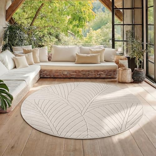 HomebyHome Kurzflor Teppich Rund 120 cm Creme, 3D Hoch Tief Effekt, Skandinavisch Boho Motiv, Balkon Terrasse Teppich, Indoor Outdoor Pflegeleicht