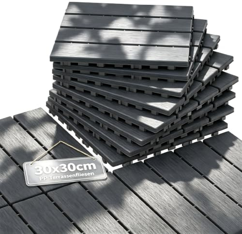 Suusolny Wetterfeste Terrassenfliesen Holzoptik 30x30cm Anthrazit 4 m² | Strukturierte rutschhemmende Oberfläche schmutzabweisend leicht abwischbar mit feuchtem Lappen geringer Pflegeaufwand