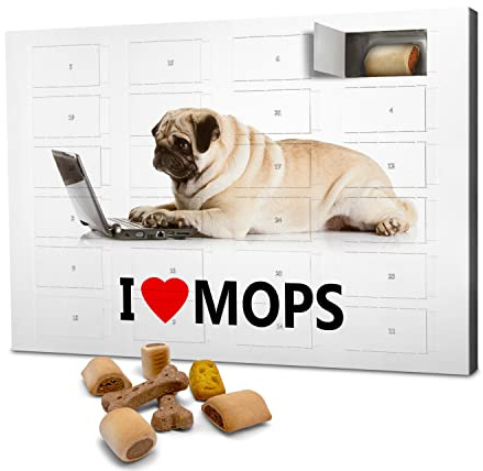 printplanet Hunde-Adventskalender mit Leckerlis - Motiv I Love Mops - Weihnachtskalender für Hunde - 2025