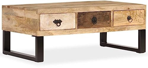 vidaXL - Vintage Mango Wood Coffee Table | 3 Drawer Storage | Industrial Steel Legs | 90x50x35cm | Living Room | Handmade Retro Design