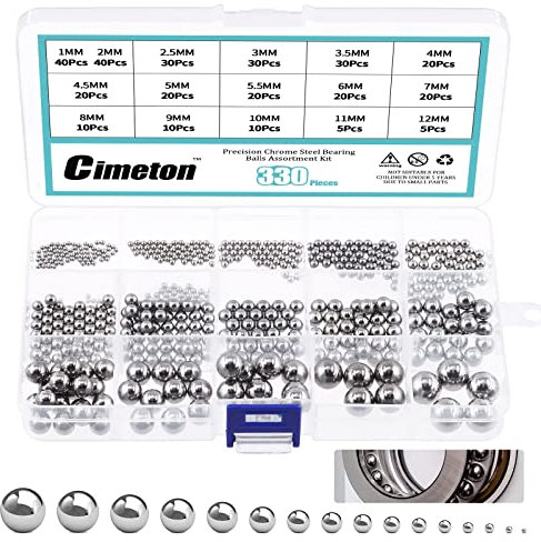 Cimeton 330 Stück 16 Größen Präzisionskugel-Sortiment mit den Größen 1 mm 2 mm 2,5 mm 3 mm 3,5 mm 4 mm 4,5 mm 5 mm 5,5 mm 6 mm 7 mm 8 mm 9 mm 10 mm 11 mm 12 mm metrisch