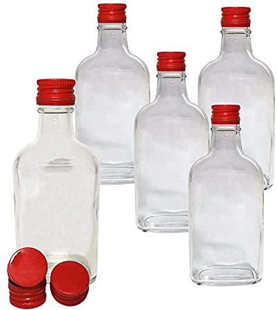 DIAH DO IT AT HOME Flask Glass Bottles & Red Metal Screw Caps 10 x 200m (Twist on Lids) - Home Brewing Gin Oil Vinegar Wine Vodka