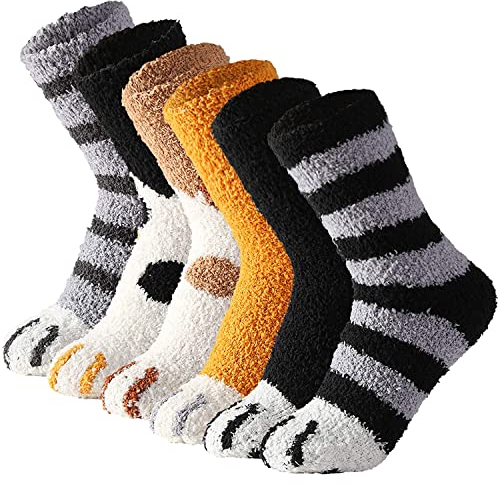 Sunny Socks 6 Pairs Cute Cat Paw Socks for Women – Fluffy Fuzzy Animal Print Bed Socks for All Ages – Warm & Cosy Novelty Gift for Cat Lovers – Soft Winter Fluffy Socks for Girls & Ladies