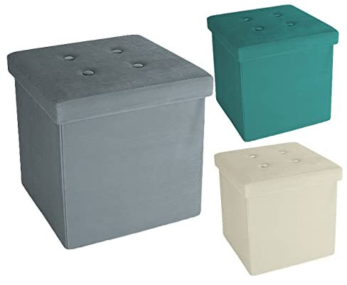 A406 Folding Ottoman Storage Box with Lids Pouffe Seat Stool Foot stool Storage Unit Bench Foot Rest Stool 38cm Grey Black Beige Green (Grey-Velvet)