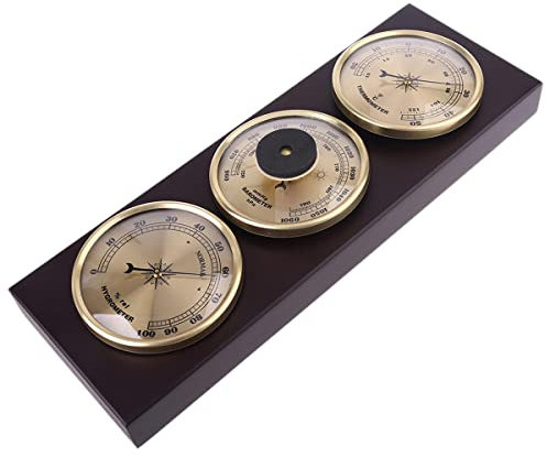 WMGoods Set di 3 termometri e barometro, igrometro, stazione meteo con telaio in legno, manometro barometrico per casa, adatto per interni ed esterni, balcone, garage, soggiorno, ufficio