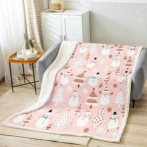 Loussiesd Weihnachten Kinder Wohndecke 75x100cm Cartoon Schneemann Kuscheldecke Jungen Mädchen Weihnachtsbaum Dekor Decke Rosa Punkte Weihnachten Thema Flanell Fleecedecke für Sofa Bett Stuhl
