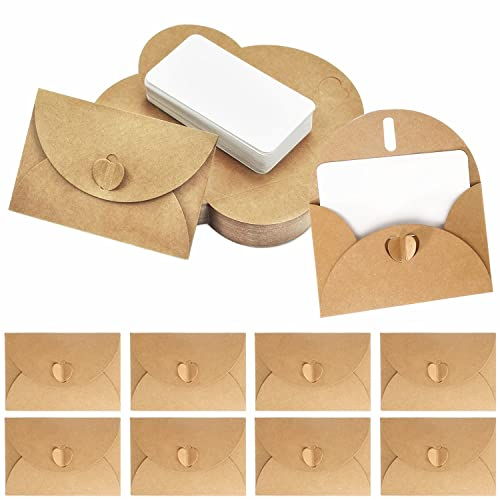 Kettion Kraftpapier Umschläge 50 Stück Mini Briefumschläge mit 50 Stück Karten Set, Klein Umschläge Mini Briefumschläge mit Herz Verschluss für Geldgeschenke Dankeskarten Einladung