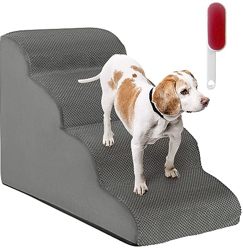 COSTWAY Hundetreppe 4 Stufen, rutschfeste Hundestufe aus Schaumstoff, Haustiertreppe für Hunde Katzen, Katzentreppe Abnehmbar, Hunde Treppe für Sofa Bett, Waschbarer Bezug (Grau)