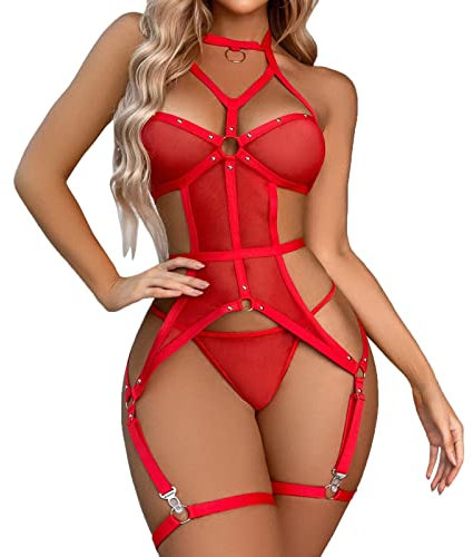 unilarinna Damen Nieten Gurtband Netzgarn sexy Negligee Erotische Versuchung Nachtwäsche Frauen 3PC Unterwäsche Set Pyjama Stahlring Strumpfband Reizwäsche Ring Link Mesh Beine reizvolle Wäsche