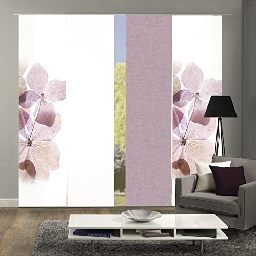 HOME WOHNIDEEN Schiebewand Bonita Leinenstruktur Digitaldruck mit Zubehör, Farbe:rosé, Größe:245 x 60 cm, Anzahl:4er Set (3X Bedruckt. 1x Uni)