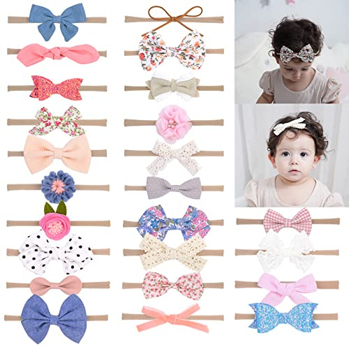 doboi 24pcs Baby Headbands Baby Girls Hair Bows Headbands | Soft Nylon Flower Hairbands Elastic Hair Accessories for Newborns Infants Toddlers and Kids