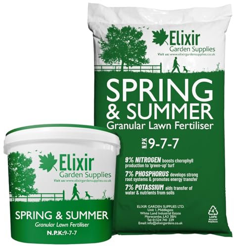Elixir Gardens Spring & Summer 9-7-7 | Treats 570 sq.m | Granular Lawn Fertiliser/Turf & Grass Feed/Food | 20kg Tub