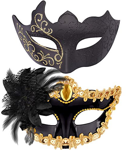 SIQUK 2 Stück Venezianischen Masquerade Maske Paar Maskerade Masken Venezianischen Maske für Damen Herren Halloween Karneval Party Kostüm, Schwarz & Gold