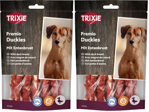 TRIXIE Hundeleckerli Premio Hunde-Duckies 100g - Premium Leckerlis für Hunde glutenfrei - ohne Getreide & Zucker, schmackhafte Belohnung für Training & Zuhause (Packung mit 2)