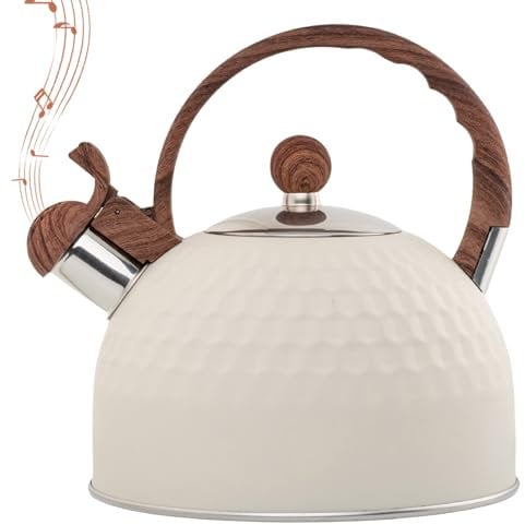 Stove Top Whistling Tea Kettle, 2.5L Stainless Steel Teapot Whistling Tea Pot with Wood Handle Tea Kettle for Stovetop Loud Whistle Kettle for Tea Coffee Milk, White
