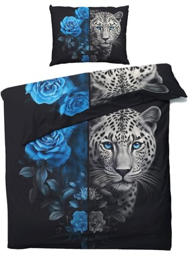 Parure de Lit 220x240 Léopard et Rose Bleue - Housse de Couette 2 Personnes Animaux Sauvages, Ensemble de Literie Imprimée en Microfibre Douce avec Fermeture éclair, 2 taies d'oreiller 65x65 cm