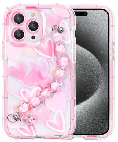 YEPO For iPhone 15 Pro Max Case Women Wrist Strap, Fashion Pink Heart Design Soft TPU Shockproof Protection Clear Phone Case Cover for iPhone 15 Pro Max Girls Cute