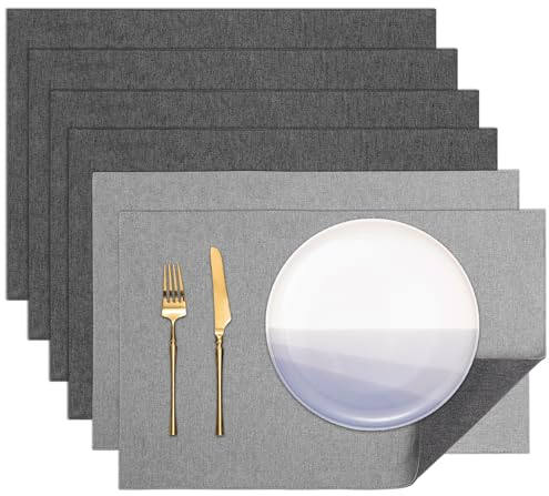 Banchif Platzsets Leinenimitat Tischsets Abwaschbar Tischsets Doppelseitigen Platzsets Stoff Platzdecken maschinenwaschbar 30 x 45 cm (HellGrau-Grau, Rechteckig Satz von 6)
