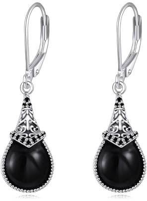Schwarze Onyx Ohrringe 925 Sterling Silber Schwarze Onyx Leverback Tropfen Hängend Ohrringe Vintage Schmuck für Damen Mädchen