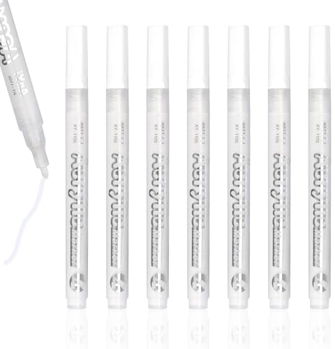 wimony 7pcs 1mm Acrylic White Marker Pens, Quick Drying, Waterproof, No Fading, No Dirty Hands, Permanent Acrylic Markers, White Paint Pens for Paper Rock Wood Fabric Glass Ceramic Plastic